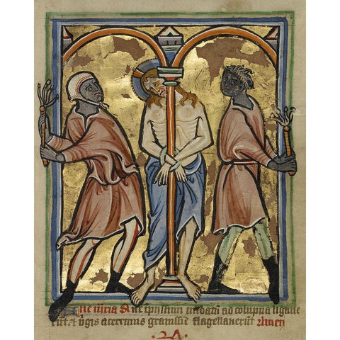 The Scourging of Christ White Modern Wood Framed Art Print by Illuminator, Unknown 12th Century English