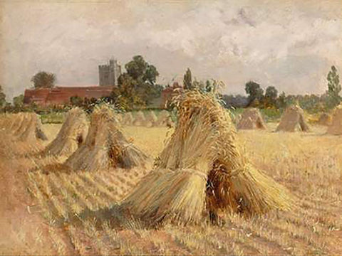 Corn Stooks by Bray Church, 1872 White Modern Wood Framed Art Print with Double Matting by Hardy, Heywood