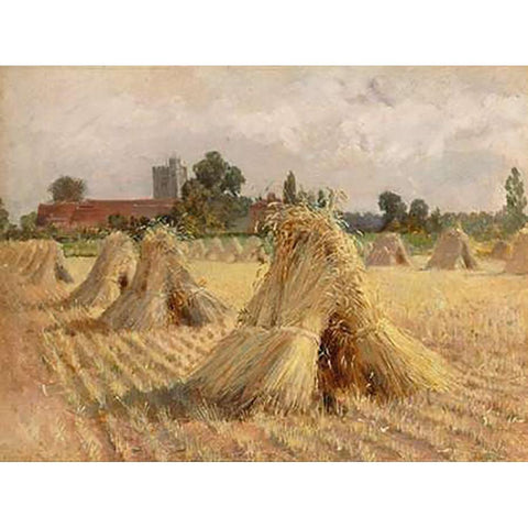 Corn Stooks by Bray Church, 1872 Gold Ornate Wood Framed Art Print with Double Matting by Hardy, Heywood