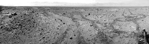 Mars Gale Crater with Tire Tracks - Panoramic Mosaic, August 15, 2014 White Modern Wood Framed Art Print with Double Matting by NASA