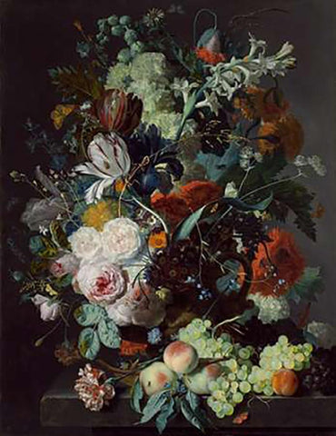 Still Life with Flowers and Fruit, c. 1715 White Modern Wood Framed Art Print with Double Matting by Van Huysum, Jan
