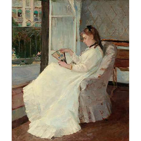 The Artists Sister at a Window, 1869 White Modern Wood Framed Art Print by Morisot, Berthe