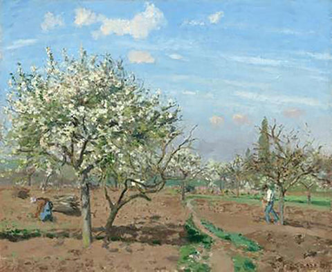 Orchard in Bloom, Louveciennes, 1872 White Modern Wood Framed Art Print with Double Matting by Pissarro, Camille