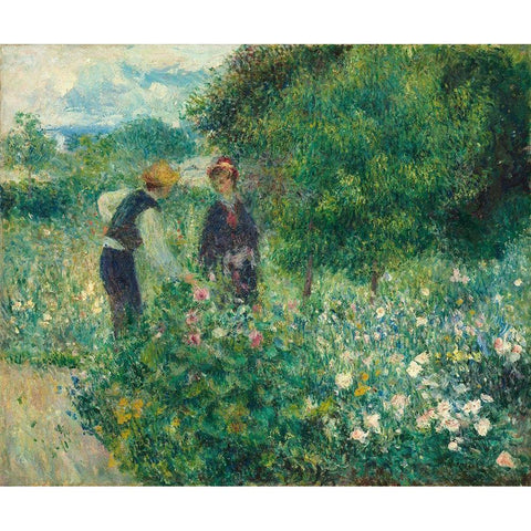 Picking Flowers White Modern Wood Framed Art Print by Renoir, Pierre-Auguste