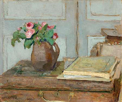 The Artists Paint Box and Moss Roses, 1898 White Modern Wood Framed Art Print with Double Matting by Vuillard, Edouard