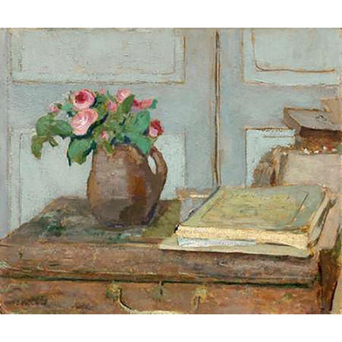 The Artists Paint Box and Moss Roses, 1898 Gold Ornate Wood Framed Art Print with Double Matting by Vuillard, Edouard