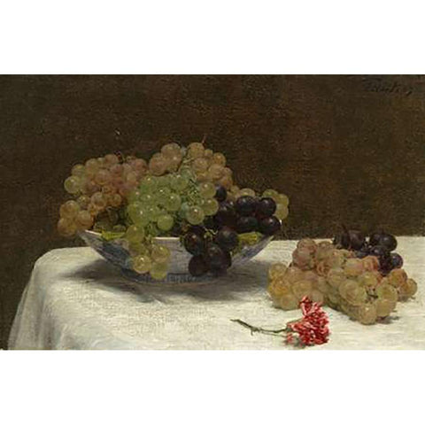Still Life with Grapes and a Carnation, c. 1880 Gold Ornate Wood Framed Art Print with Double Matting by Latour, Henri Fantin