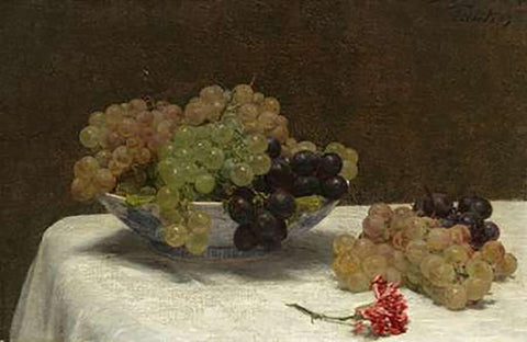 Still Life with Grapes and a Carnation, c. 1880 Black Ornate Wood Framed Art Print with Double Matting by Latour, Henri Fantin