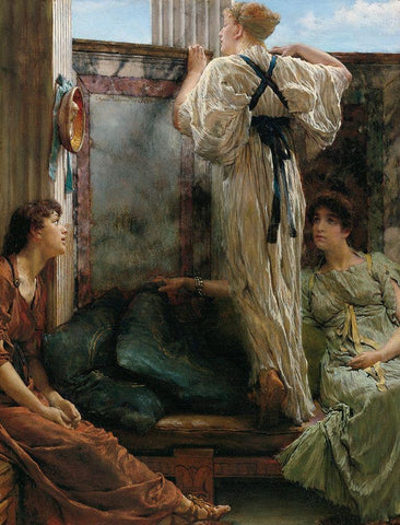 Who Is It?, 1863 Black Ornate Wood Framed Art Print with Double Matting by Alma-Tadema, Sir Lawrence