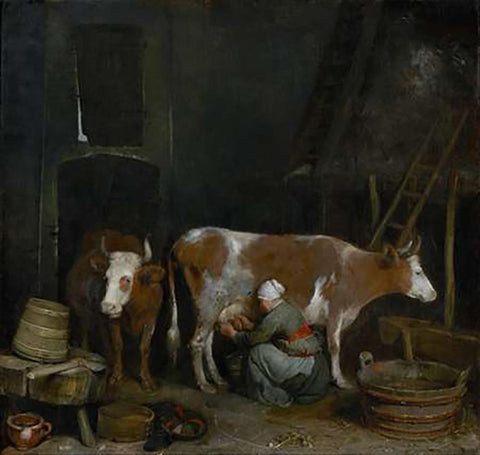 A Maid Milking a Cow in a Barn White Modern Wood Framed Art Print with Double Matting by Ter Borch, Gerard