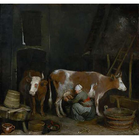 A Maid Milking a Cow in a Barn Black Modern Wood Framed Art Print by Ter Borch, Gerard