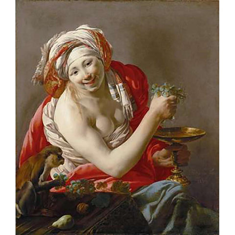 Bacchante with an Ape Gold Ornate Wood Framed Art Print with Double Matting by Ter Brugghen, Hendrick