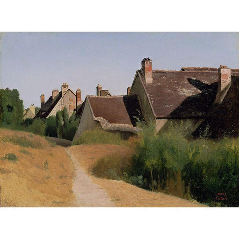 Houses near Orleans Black Modern Wood Framed Art Print by Corot, Jean-Baptiste-Camille