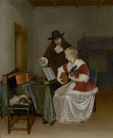 The Music Lesson Black Ornate Wood Framed Art Print with Double Matting by Ter Borch, Gerard