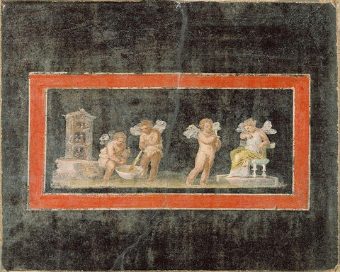 Fresco Fragment with Cupids and Psyche Making Perfume White Modern Wood Framed Art Print with Double Matting by Artisan, Unknown 1st Century Roman