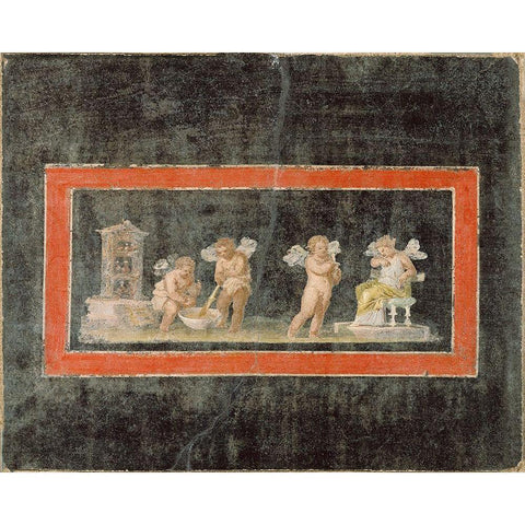 Fresco Fragment with Cupids and Psyche Making Perfume Black Modern Wood Framed Art Print by Artisan, Unknown 1st Century Roman