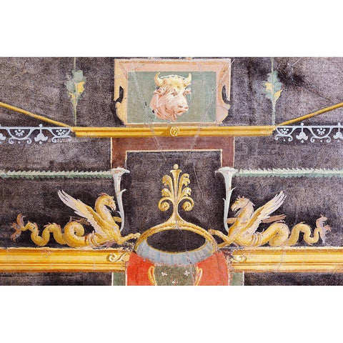 Wall Fragment with Bulls Head and Winged Sea Monsters on Black Ground Black Modern Wood Framed Art Print with Double Matting by Artisan, Unknown 1st Century Roman