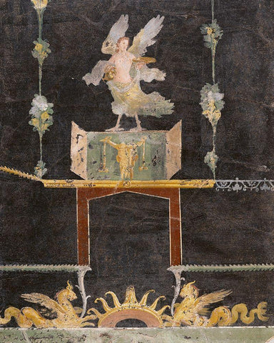 Wall fragment with Siren, Sea Monsters and Niche on Black Ground White Modern Wood Framed Art Print with Double Matting by Artisan, Unknown 1st Century Roman