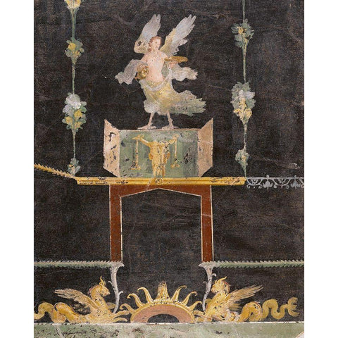 Wall fragment with Siren, Sea Monsters and Niche on Black Ground Black Modern Wood Framed Art Print by Artisan, Unknown 1st Century Roman