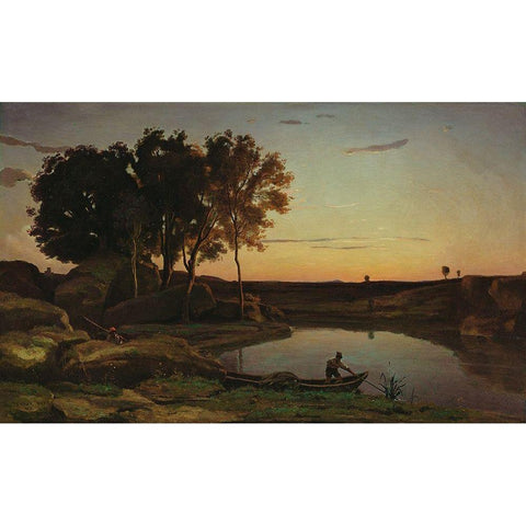 Landscape with Lake and Boatman Black Modern Wood Framed Art Print with Double Matting by Corot, Jean-Baptiste-Camille