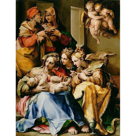 Holy Family with Saints Anne, Catherine of Alexandria, and Mary Magdalene Black Modern Wood Framed Art Print with Double Matting by Nosadella,