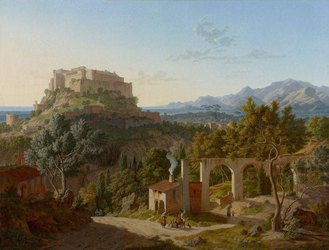 Landscape with the Castle of Massa di Carrara White Modern Wood Framed Art Print with Double Matting by Von Klenze, Leo