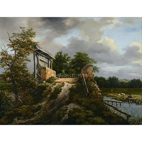 Bridge with a Sluice Black Modern Wood Framed Art Print with Double Matting by Van Ruisdael, Jacob