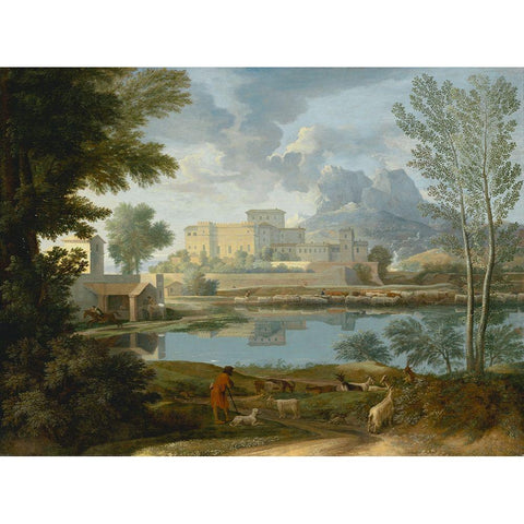 Landscape with a Calm (Un Temps calme et serein) White Modern Wood Framed Art Print by Poussin, Nicolas