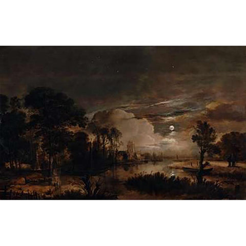 Moonlit Landscape with a View of the New Amstel River and Castle Kostverloren Gold Ornate Wood Framed Art Print with Double Matting by Van Der Neer, Aert