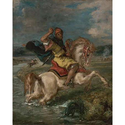 Moroccan Horseman Crossing a Ford Gold Ornate Wood Framed Art Print with Double Matting by Delacroix, Eugene