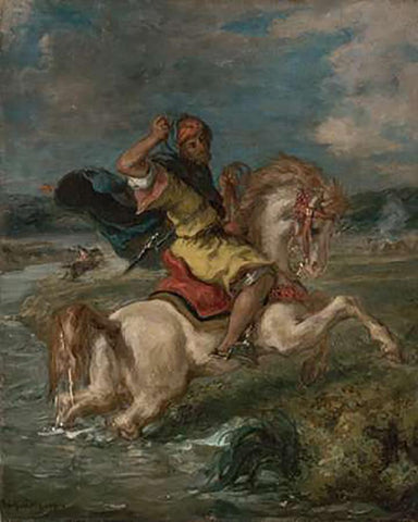 Moroccan Horseman Crossing a Ford White Modern Wood Framed Art Print with Double Matting by Delacroix, Eugene