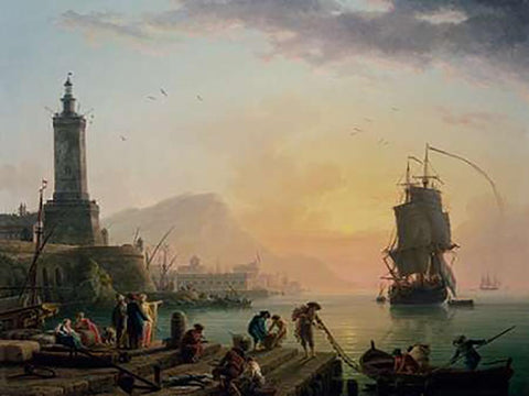 A Calm at a Mediterranean Port White Modern Wood Framed Art Print with Double Matting by Vernet, Claude-Joseph