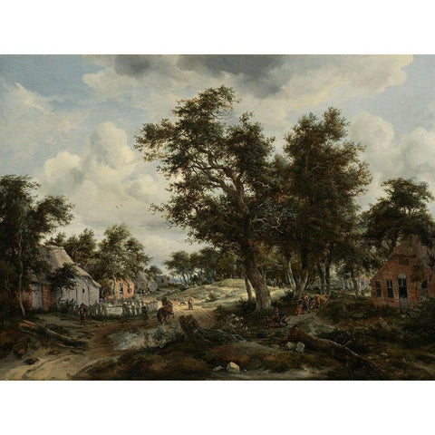 A Wooded Landscape with Travelers on a Path through a Hamlet Gold Ornate Wood Framed Art Print with Double Matting by Hobbema, Meindert