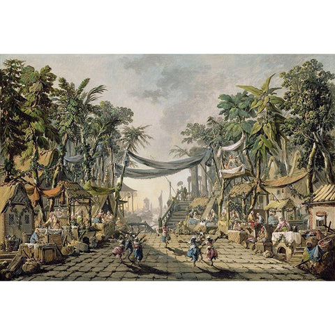 Market Scene in an Imaginary Oriental Port White Modern Wood Framed Art Print by Pillement, Jean-Baptiste