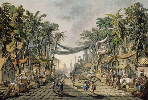 Market Scene in an Imaginary Oriental Port White Modern Wood Framed Art Print with Double Matting by Pillement, Jean-Baptiste