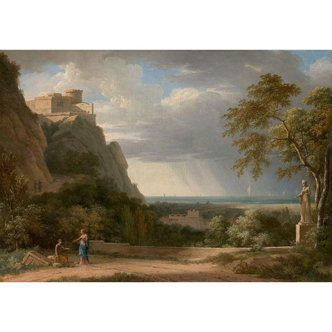 Classical Landscape with Figures and Sculpture Black Modern Wood Framed Art Print with Double Matting by de Valenciennes, Pierre-Henri