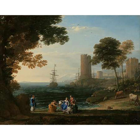 Coast View with the Abduction of Europa Gold Ornate Wood Framed Art Print with Double Matting by Lorrain, Claude