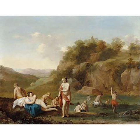 Landscape with Bathing Nudes Black Modern Wood Framed Art Print by Poelenburgh, Cornelis van