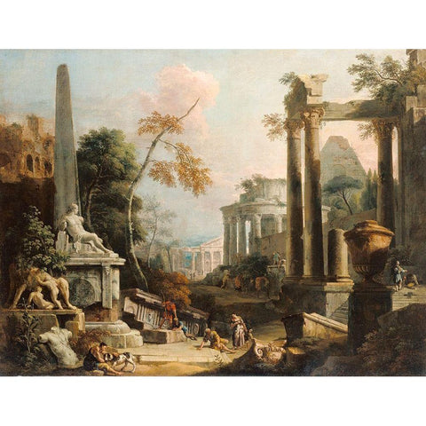 Landscape with Classical Ruins and Figures Gold Ornate Wood Framed Art Print with Double Matting by Ricci, Marco