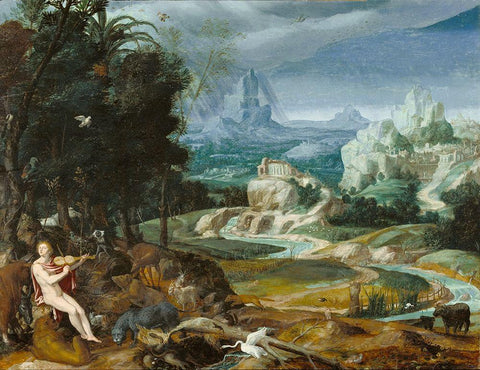 Landscape with Orpheus Black Ornate Wood Framed Art Print with Double Matting by Painter, Unknown 16th Century Flemish