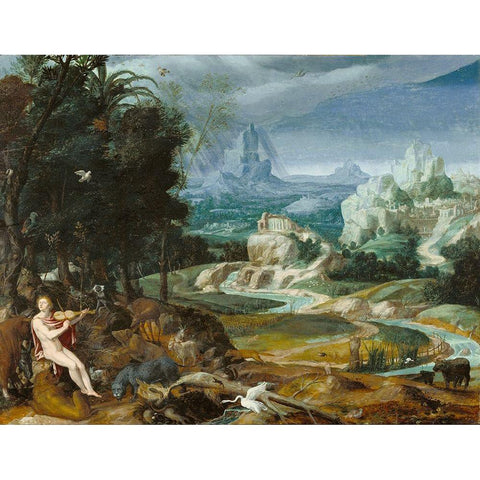 Landscape with Orpheus White Modern Wood Framed Art Print by Painter, Unknown 16th Century Flemish