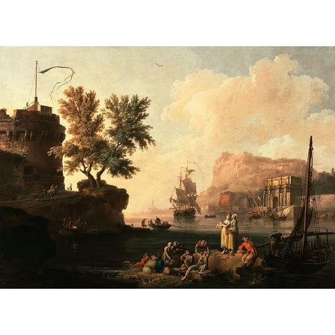 Mediterranean Harbor Scene Gold Ornate Wood Framed Art Print with Double Matting by Volaire, Pierre-Jacques