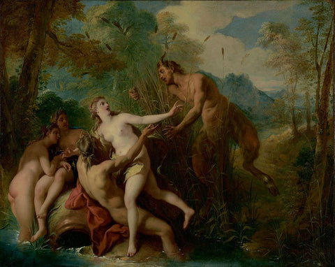 Pan and Syrinx Black Ornate Wood Framed Art Print with Double Matting by de Troy, Jean-Francois
