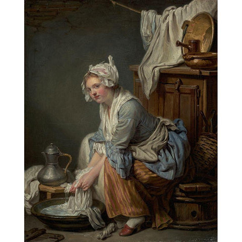 The Laundress (La Blanchisseuse) Black Modern Wood Framed Art Print with Double Matting by Greuze, Jean-Baptiste