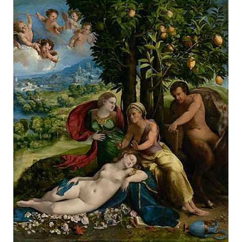 Mythological Scene Black Modern Wood Framed Art Print by Dossi, Dosso