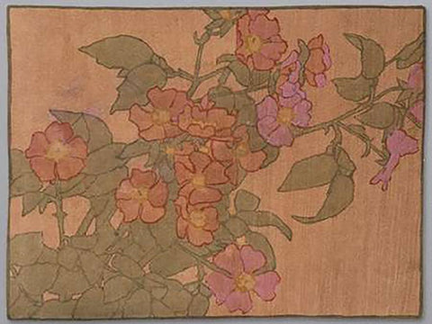 Pink Roses on Terracotta Color Ground Black Ornate Wood Framed Art Print with Double Matting by Overbeck, Hannah Borger