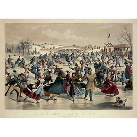 Central-Park, Winter - The Skating Pond, New York, 1862 Black Modern Wood Framed Art Print with Double Matting by Ives, Currier and