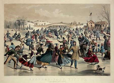 Central-Park, Winter - The Skating Pond, New York, 1862 White Modern Wood Framed Art Print with Double Matting by Ives, Currier and