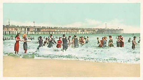 Surf Bathing, Long Beach, Calif., 1898 Black Ornate Wood Framed Art Print with Double Matting by Detroit Publishing Co.