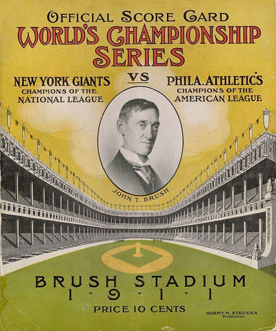 Offical Score Card Worlds Championship Series - New York Giants vs Philadelphia Athletics, 1880 White Modern Wood Framed Art Print with Double Matting by Stevens,